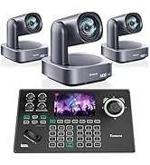 Professional video conferencing setup with PTZ cameras, control panel with LCD screen and programmable buttons, and remote control interface.