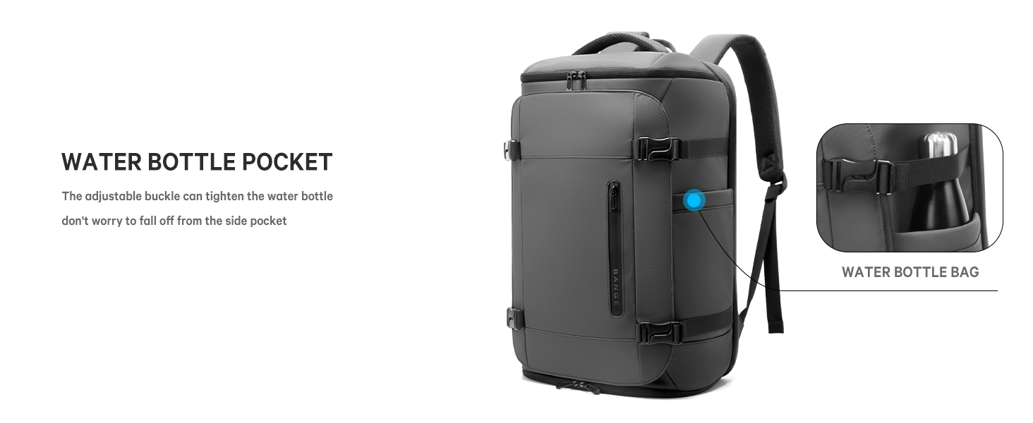 Text reads 'WATER BOTTLE POCKET.' Gray convertible backpack with multiple compartments, featuring designated water bottle pocket, shown with separate crossbody bag attachment option.