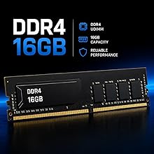 Text reads 'DDR4 16GB' with specifications 'DDR4 U-DIMM', '16GB CAPACITY', 'RELIABLE PERFORMANCE'. Black DDR4 memory module with gold contact pins displayed against dark background with blue accent lighting.