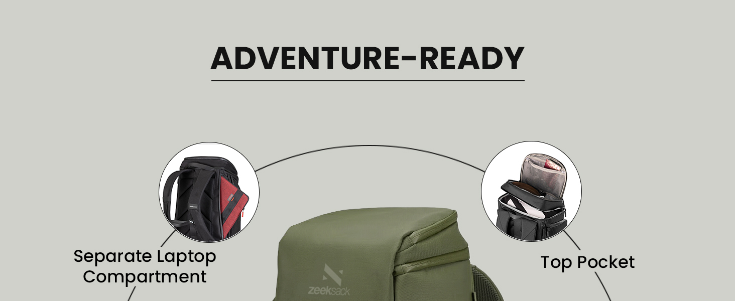 Text reads 'THE ORGANIZER 30L'. Military green backpack with gray organizational components shown from multiple angles, featuring waterproof, storage, and organization icons.