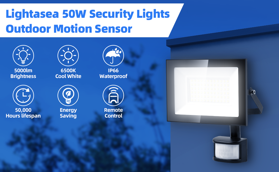 Lightasea 50W Security Light with motion sensor. Features include 5000lm brightness, 6500K cool white, IP66 waterproof, 50,000 hours lifespan, energy saving, and remote control.