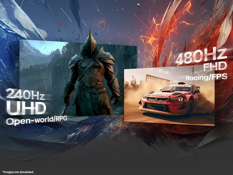 Text reads '240Hz UHD Open-world' and '480Hz FHD'. Gaming monitors displaying action game scenes with fantasy character and racing car, showcasing high refresh rate displays.