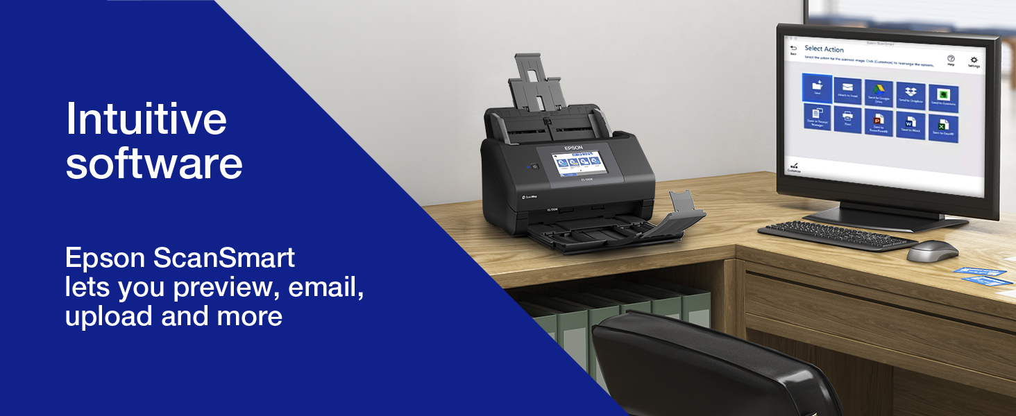 Text reads 'Intuitive Software', 'Epson ScanSmart lets you preview, email, upload and more.' Scanner device on desk with laptop displaying software interface.