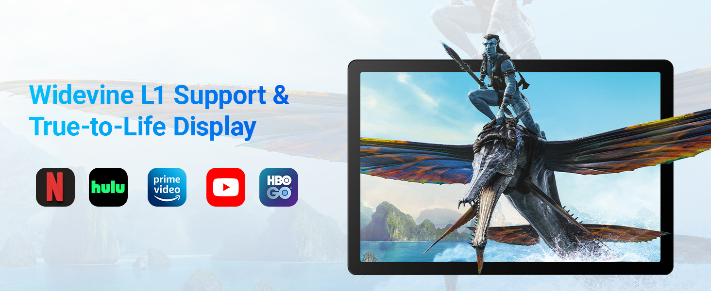 Text reads 'Wideview L1 Support & True-to-Life Display' with five app icons displayed. Tablet or monitor screen showing action scene with mountain landscape background.
