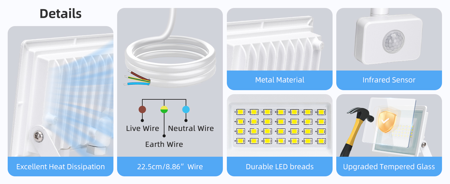 Technical installation diagram showing wiring details, LED strip components, and tempered glass specifications with labeled connection points