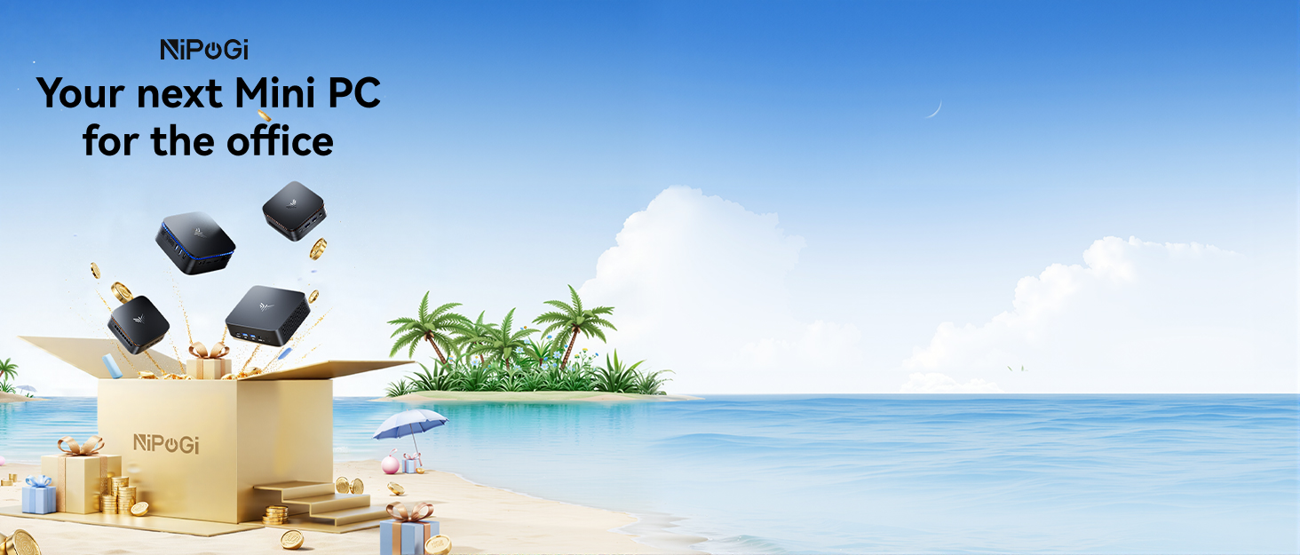 Text reads 'Your next Mini PC for the office'. Beach scene with laptop and palm trees, suggesting remote work setup on tropical beach.