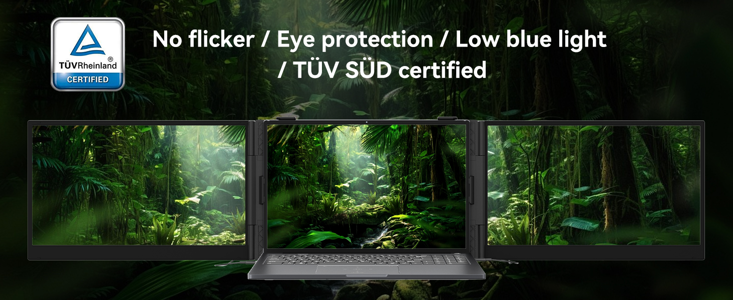 Text reads 'No flicker / Eye protection / Low blue light' and '7 TUV GS certified'. Forest landscape visible through window with certification badge displayed in upper left corner.
