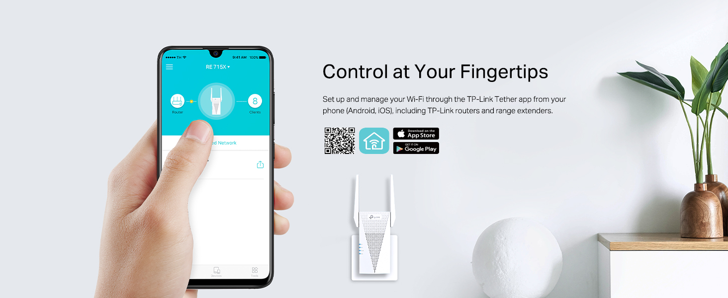 Text reads 'Control at Your Fingertips'. Smartphone displaying app interface with blue header section being held against white wall with plant decoration.