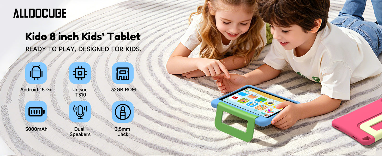 Text reads 'ALLDOCUBE', 'Kido 8 inch Kids' Tablet', 'READY TO PLAY, DESIGNED FOR KIDS'. Two children using tablets on patterned bedding with product certification badges displayed below.