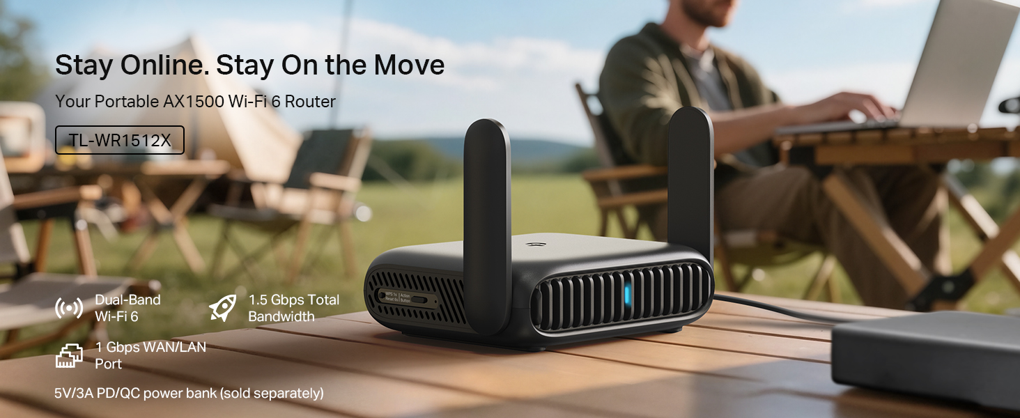 Text reads 'Stay Online, Stay On the Move'. Portable internet router device shown on wooden surface with outdoor camping scene in background.