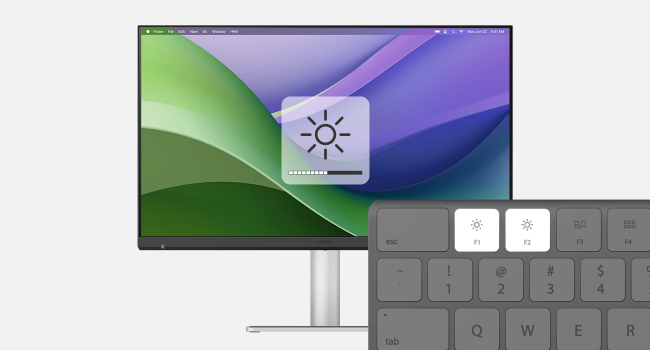 Modern computer monitor or display with sleek white stand, showing vibrant blue and pink abstract wave patterns against a dark background.