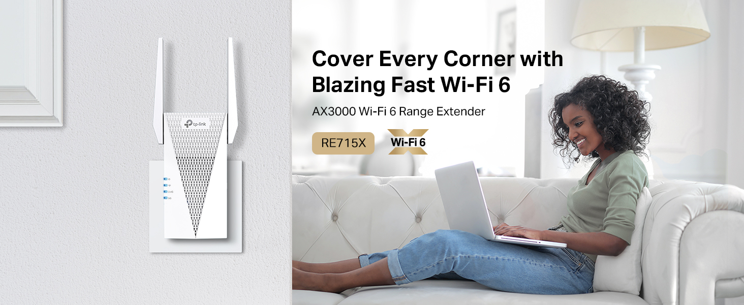 Text reads 'Cover Every Corner with Blazing Fast Wi-Fi'. Shows comfortable living room setting with sofa and wall art, demonstrating home Wi-Fi coverage.
