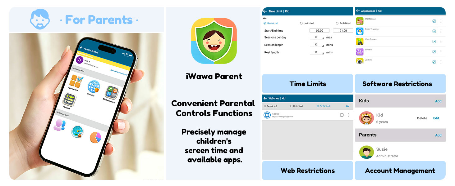 Text reads 'For Parents' and 'Village Parent Convenient Parental Control Functions'. Mobile phone displays parental control app interface with monitoring dashboard and settings options.