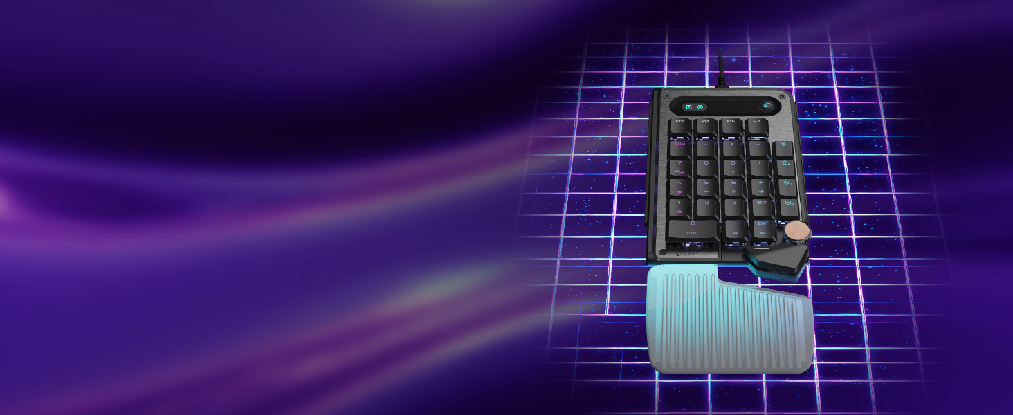 Electronic circuit board component or microchip displayed against vibrant purple gradient grid background with digital aesthetic.
