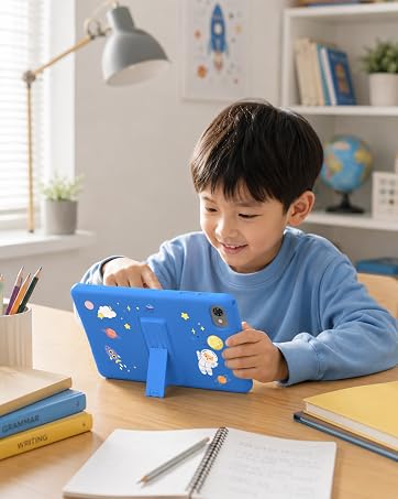 Child in car backseat holding blue tablet device with car interior and moving scenery visible through window.