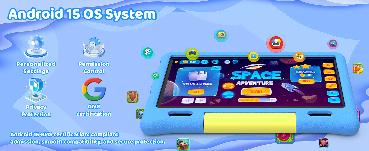Text reads: 'Android 15 OS System'. Digital tablet displaying colorful application icons and interface, shown against blue gradient background with floating app symbols representing games and services.