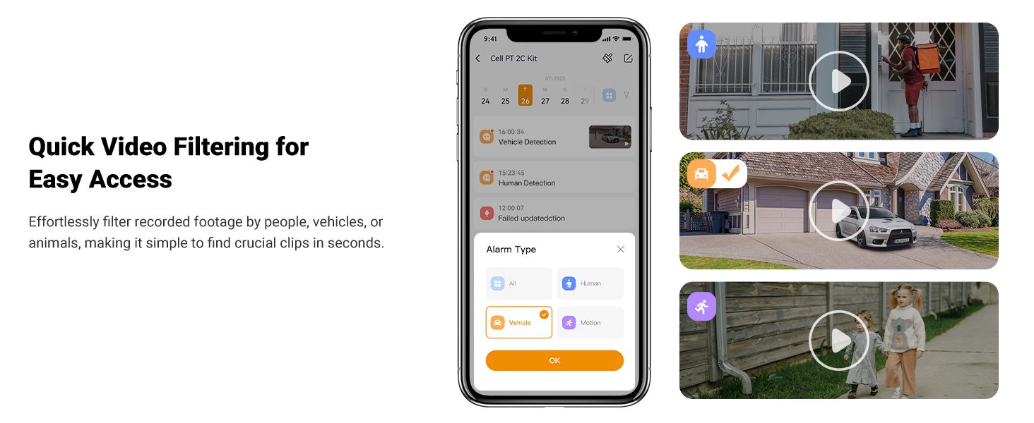 Smartphone displaying video filtering interface with thumbnail previews. Screen shows options for easy access to filtered video content, demonstrating quick video browsing functionality.