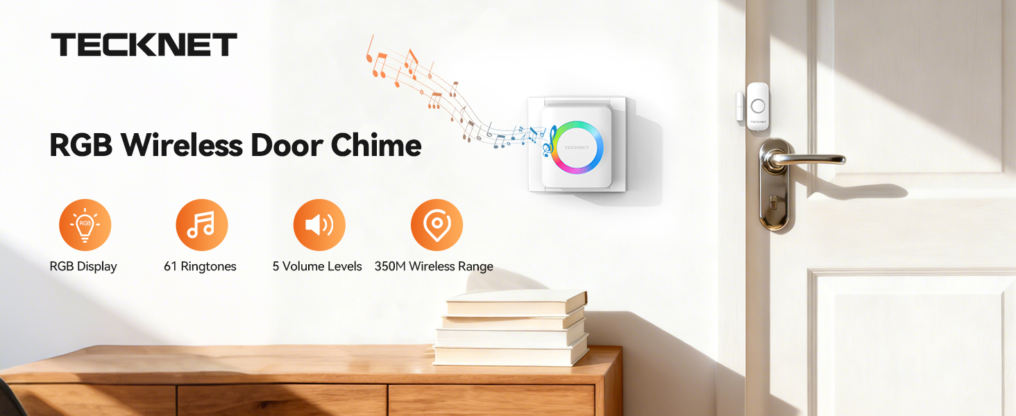 Text reads 'TECKNET' and 'RGB Wireless Door Chime'. Marketing image showing wireless doorbell components with RGB lighting features.
