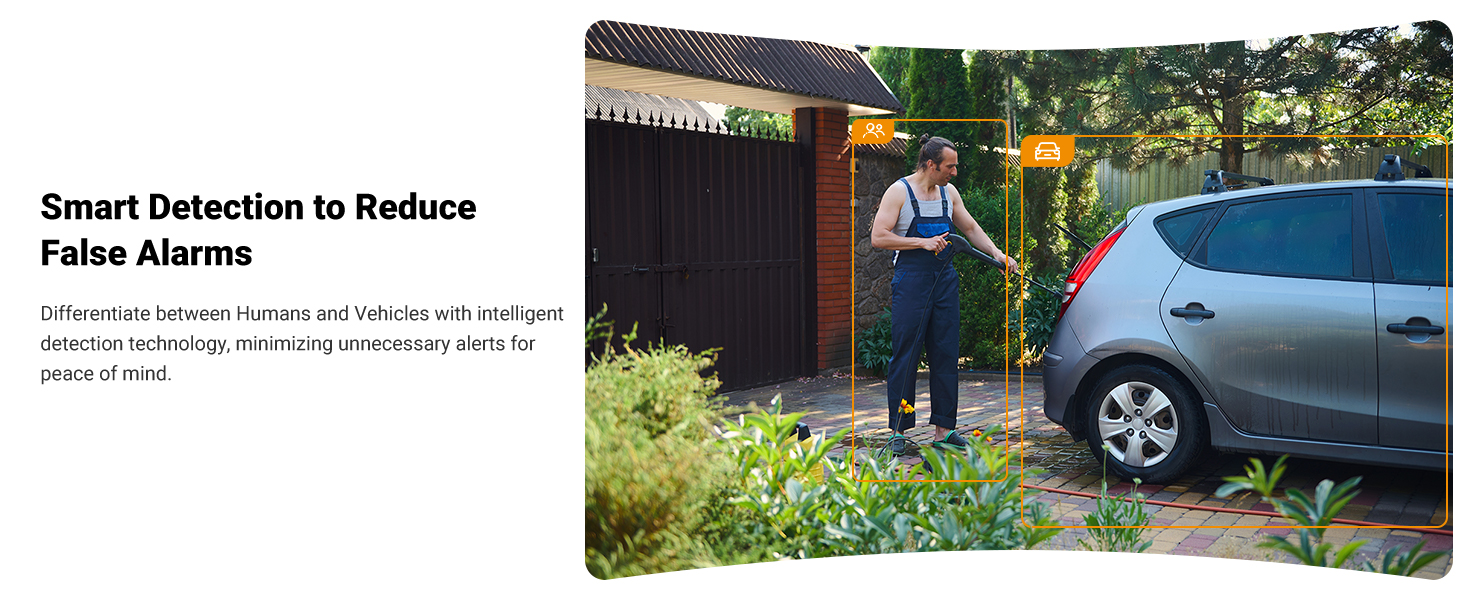Outdoor security camera system with person detection, showing a man standing near a parked car in a driveway at night. Illuminated by motion-activated lights.
