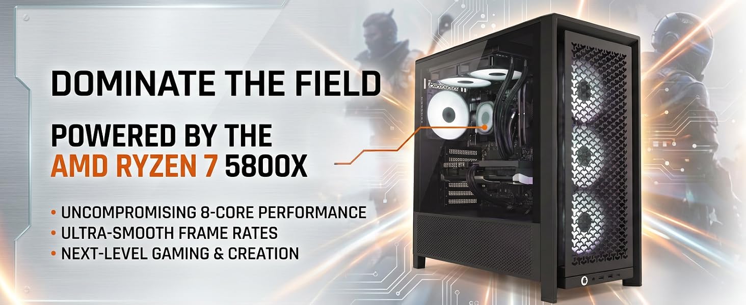 Text reads 'DOMINATE THE FIELD' and 'POWERED BY THE RTX 4070 SUPER.' Computer case featuring tempered glass panel displaying internal components with RGB lighting and gaming PC hardware visible inside.