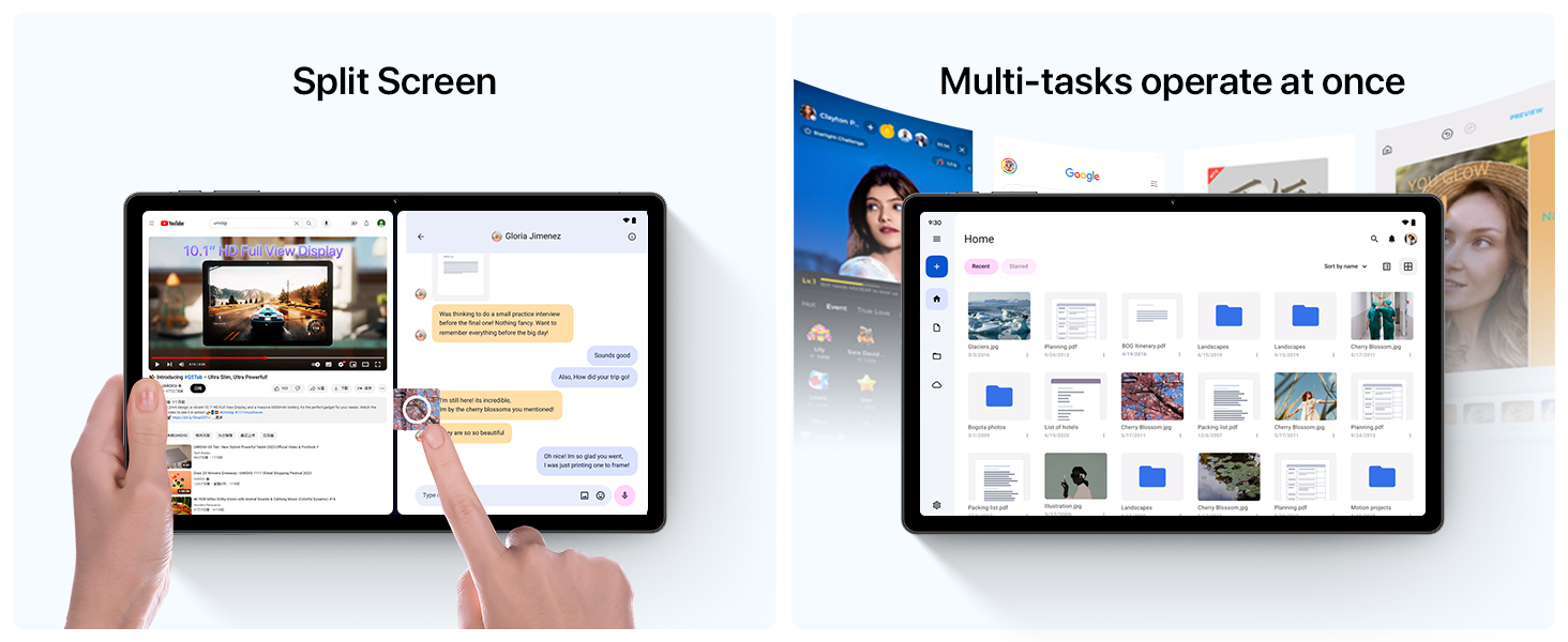 Tablet device demonstrating split-screen and multi-tasking capabilities. Left shows video call, right displays multiple open applications and windows.
