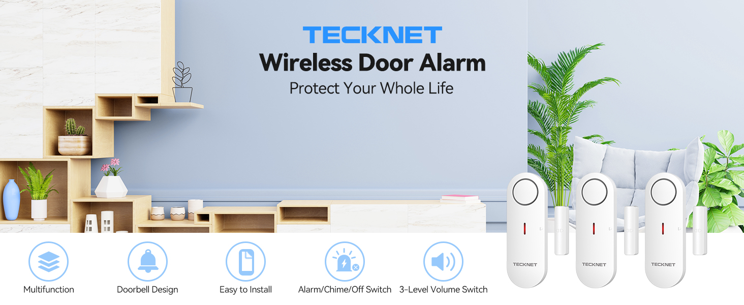 Tecknet wireless door alarm system with multiple white security sensors and interface showing various protection modes and settings.