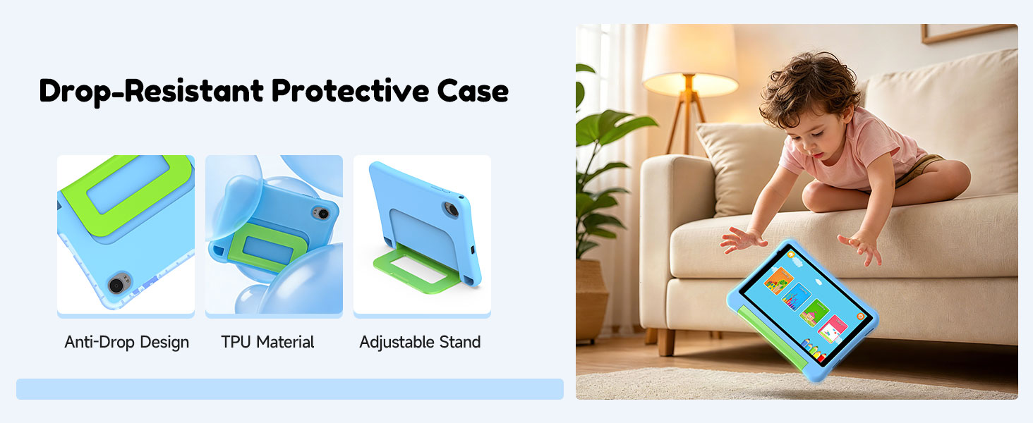 Text reads 'Drop-Resistant Protective Case' with three colorful protective cases shown (blue, green, purple) and child using tablet device.