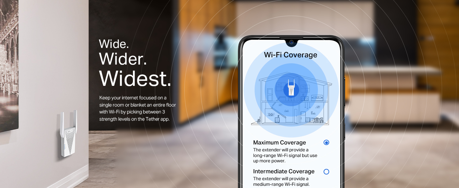 Text reads 'Wide. Wider. Widest.' Marketing display showing wireless coverage concept with multiple interior room views.