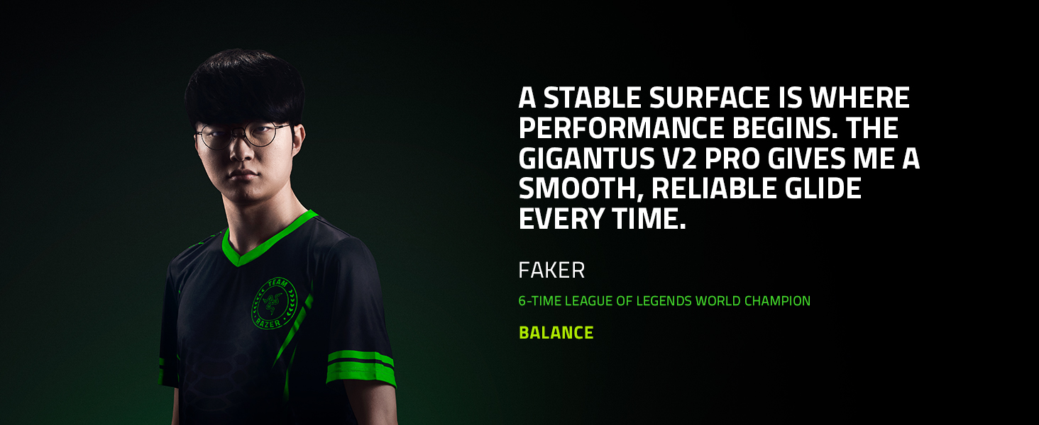 Text reads: 'A STABLE SURFACE IS WHERE PERFORMANCE BEGINS. THE GIGANTUS V2 PRO GIVES ME A SMOOTH, RELIABLE GLIDE EVERY TIME.' Dark background with green accent lighting showing a gaming accessory advertisement.