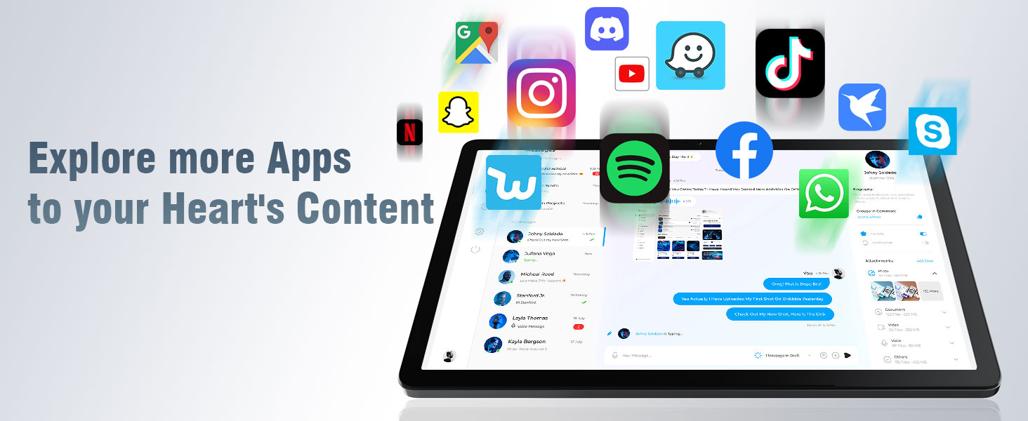 Text reads: 'Explore more Apps to your Heart's Content'. Digital tablet display showing various social media app icons floating above screen.