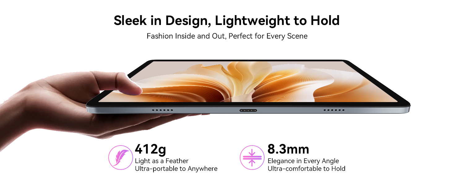 Tablet held in hand, showing thin profile. Text highlights 412g weight and 8.3mm thickness. Screen displays open book-like image. Sleek design emphasized for portability.
