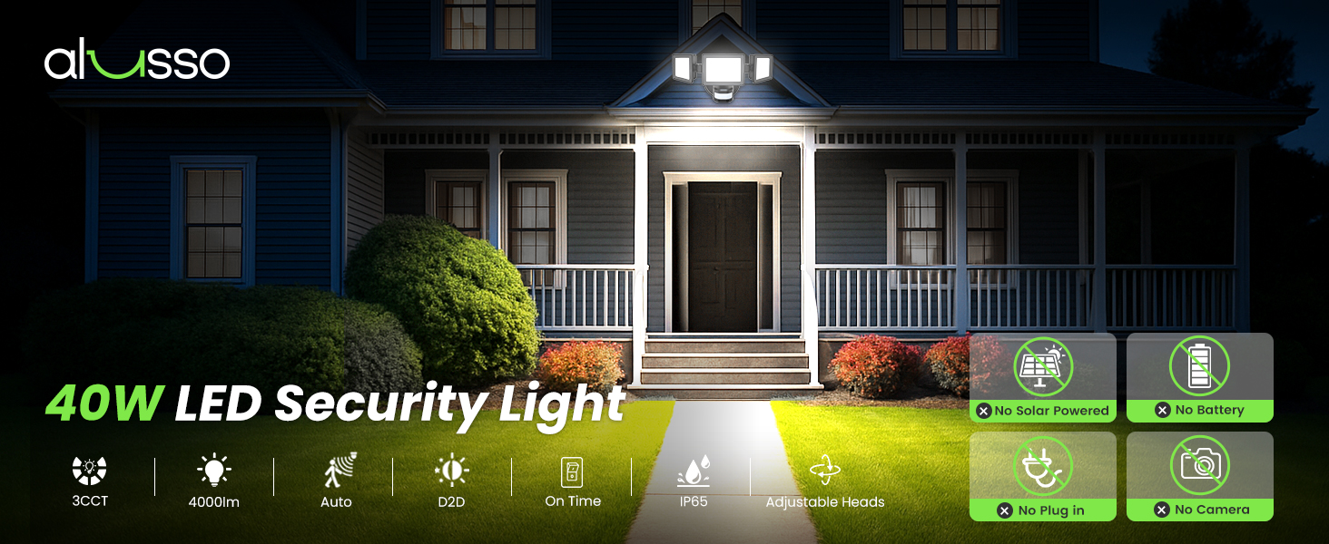 Text reads 'dl_J890', '40W LED Security Light'. Image shows exterior house light fixture mounted on home siding at night, illuminating entryway. Feature icons visible: motion detection and timer settings.
