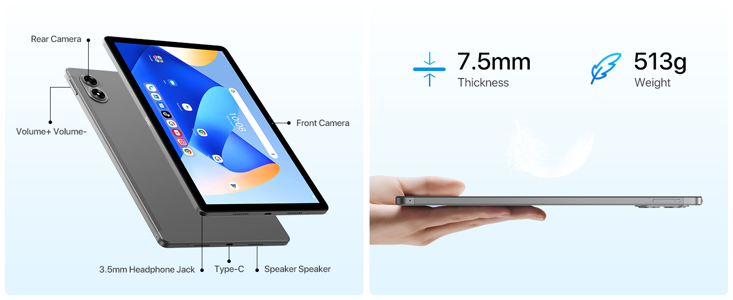 Slim tablet device showcasing thickness of 7.5mm and weight of 513g. Image demonstrates its lightweight design.