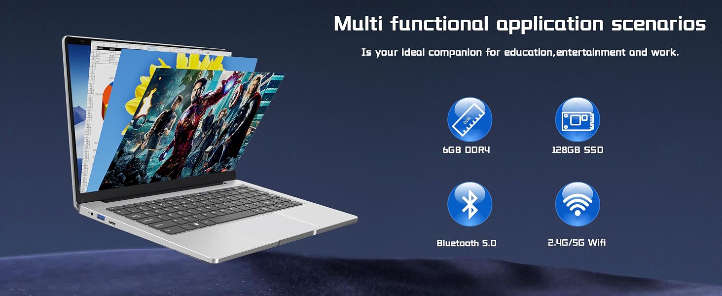 Text reads 'FHD Visual Experience' with descriptive text below. Silver laptop displayed against starry night sky background, showcasing thin design and screen display.