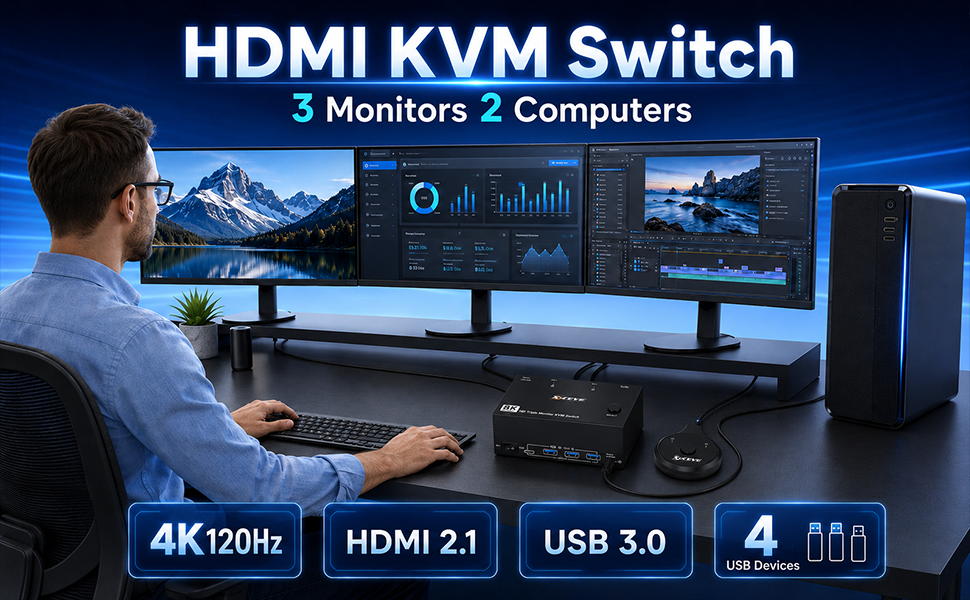 Text reads 'HDMI KVM Switch', '3 Monitors 2 Computers', '4K 120hz', 'HDMI 2.1', 'USB 3.0', '4'. Setup showing multiple computer monitors controlled by KVM switch device with keyboard and mouse.