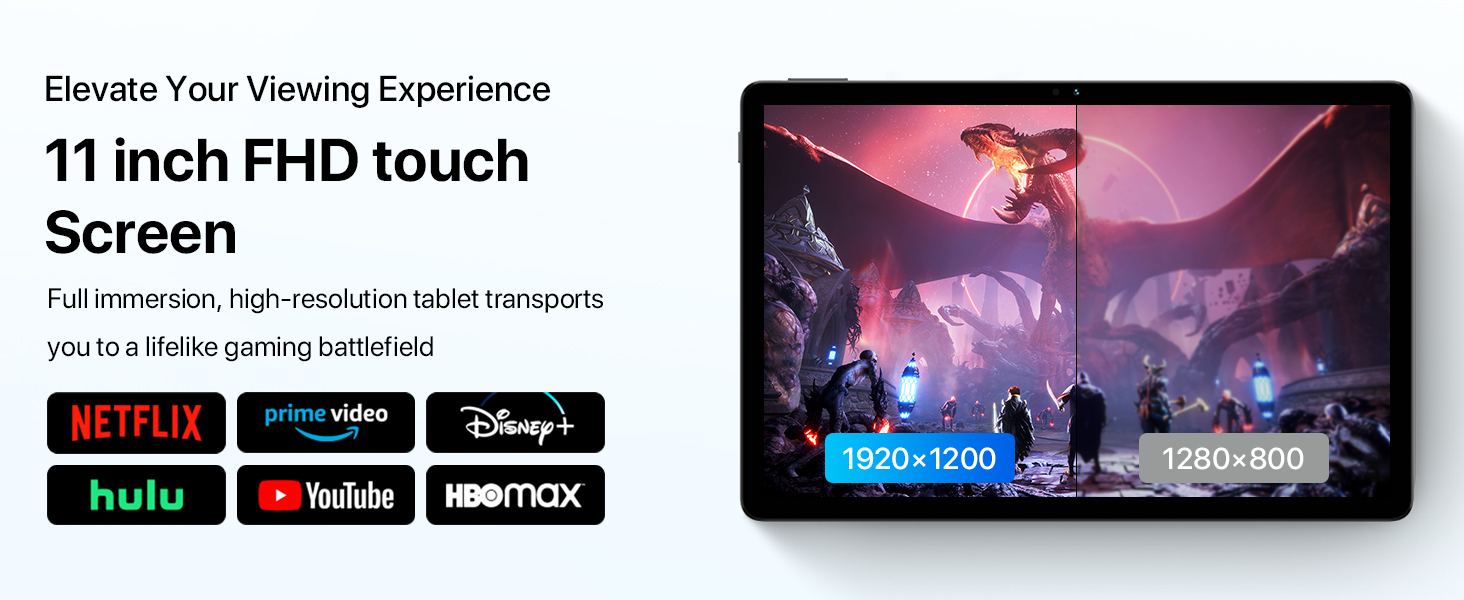 11-inch FHD touch screen tablet displaying streaming apps including Netflix, Disney+, and Hulu, with purple-tinted gaming scene on display.