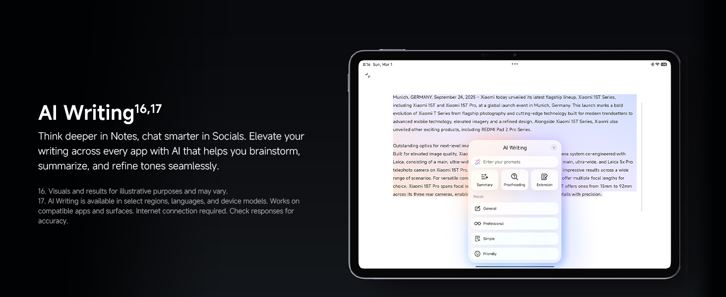 Text reads 'AI Writing' with tablet/device interface showing text editor or writing application interface against dark background.