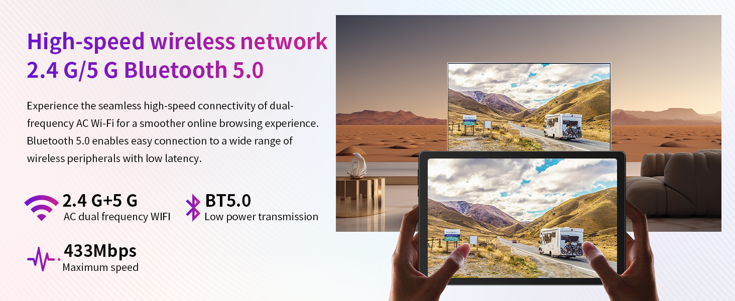 Text reads 'High-speed wireless network 2.4 G/5 G Bluetooth 5.0' with specifications including 'Raptor OS System,' '1.5+0.5,' '875.0,' and '2330Mbps.' Image shows tablet device with video content displayed.