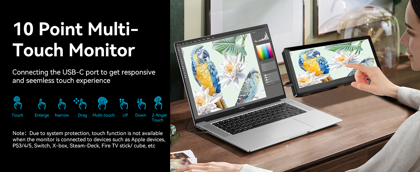 Text reads '10 Point Multi-Touch Monitor' with technical specifications and touch-point icons. Image shows two monitors displaying design work with hands gesturing toward screens.