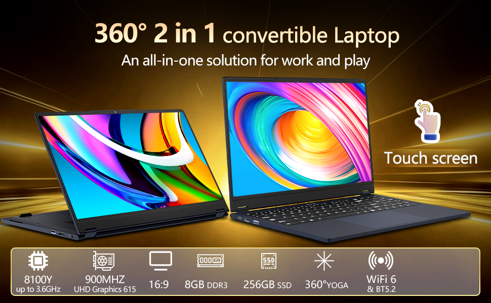 Text reads '360° 2 in 1 convertible Laptop'. Multiple images showing convertible laptop with colorful display in various positions and usage modes.