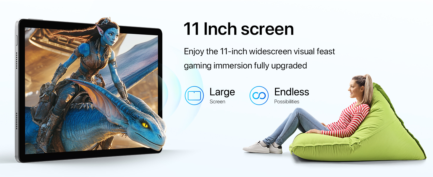 Tablet device with 11-inch screen displaying nature scene. Text highlights large screen and endless entertainment. Person relaxing on bean bag shown.