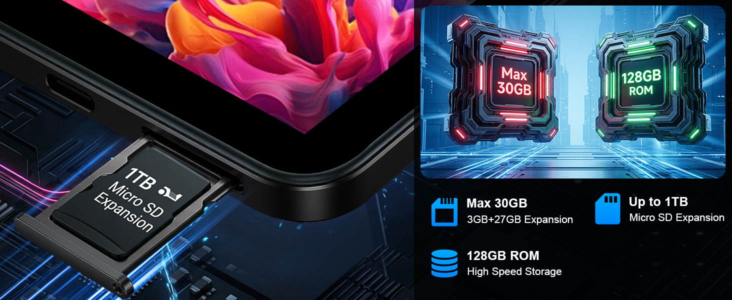 Text reads 'Max 2000' with specifications '128GB ROM' and '6GB RAM' and gaming performance indicator. Two colorful processor/chipset modules against dark background with blue water cooling effect.