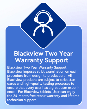 Blue icon of customer support representative with headset. Text below announces Blackview's two-year warranty support for tablets, including free repair and lifetime support.
