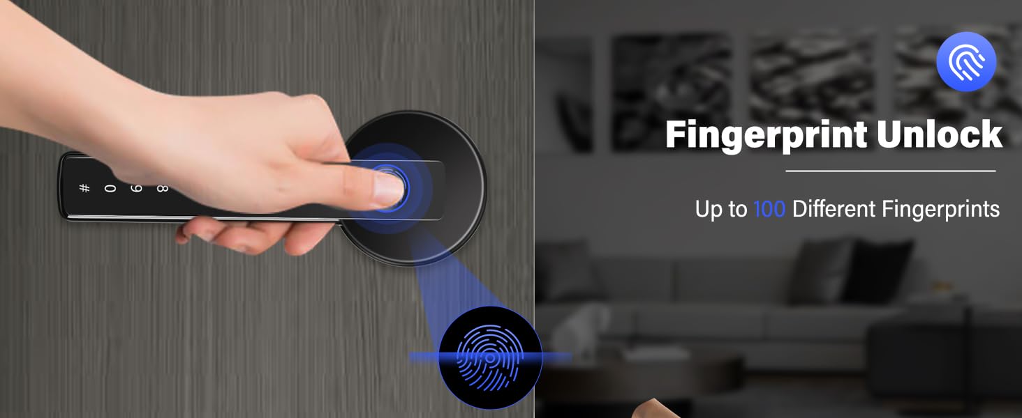Fingerprint unlock device demonstration on dark surface, showing blue illuminated sensor and interface text about different fingerprints.
