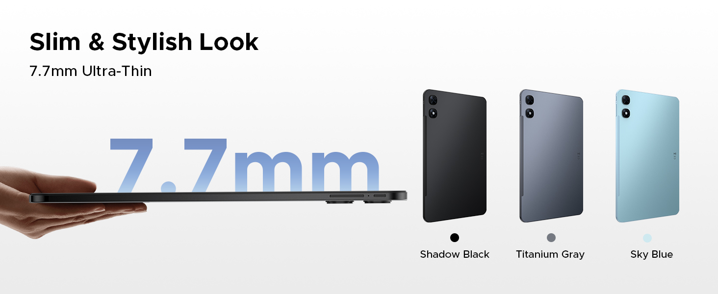 Text reads 'Slim & Stylish Look' '7/mm'. Product showcase displaying different colored versions of what appears to be electronic devices.
