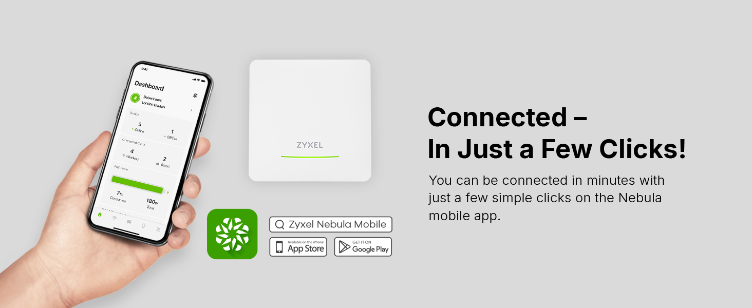 Text reads 'Connected -', 'In Just a Few Clicks!'. Mobile app interface screenshots showing connection process with green app icons and hand holding smartphone.