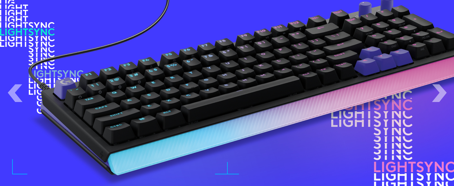 Mechanical keyboard against vibrant blue background with illuminated blue LED strip along the bottom edge, featuring standard QWERTY layout with black keycaps.