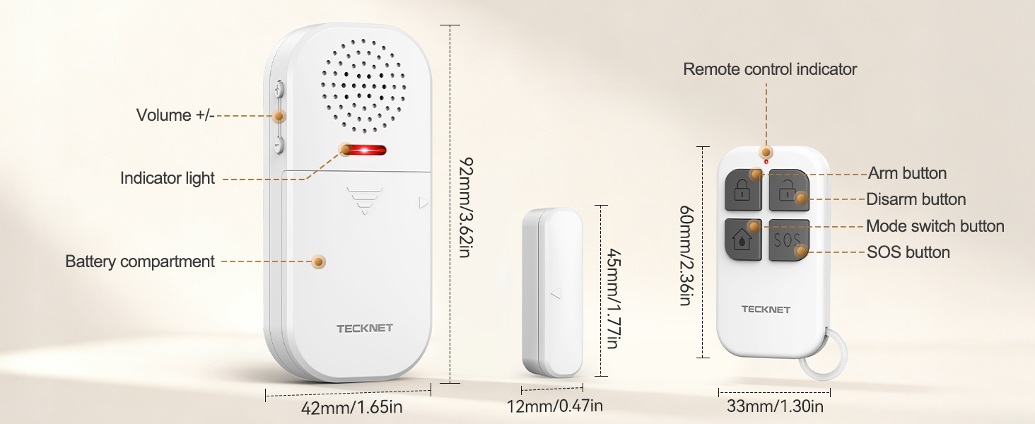 Technical diagram showing device specifications and measurements for what appears to be a security or monitoring device, with multiple views and dimensional annotations.