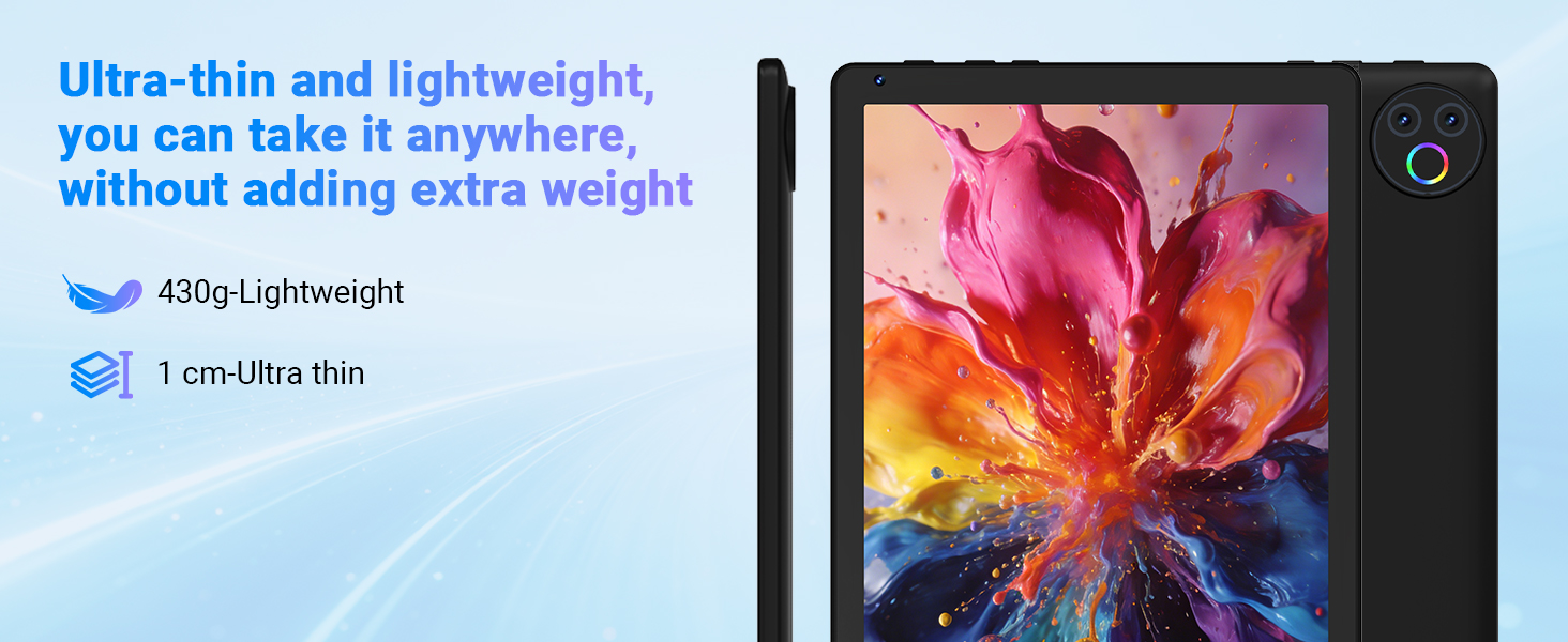 Text reads: 'Ultra-thin and lightweight, you can take it anywhere, without adding extra weight', '450g Lightweight', '1 mm Ultra thin'. Black portable display device shown with colorful vibrant flower imagery demonstrating ultra-slim and lightweight design specifications.