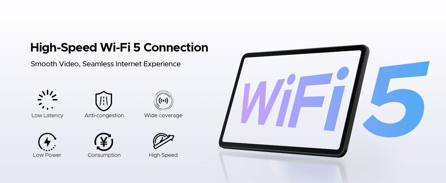 Text reads 'High-Speed WiFi 5 Connection' with WiFi 5 logo and tablet display, accompanied by circular icons representing various connectivity features.